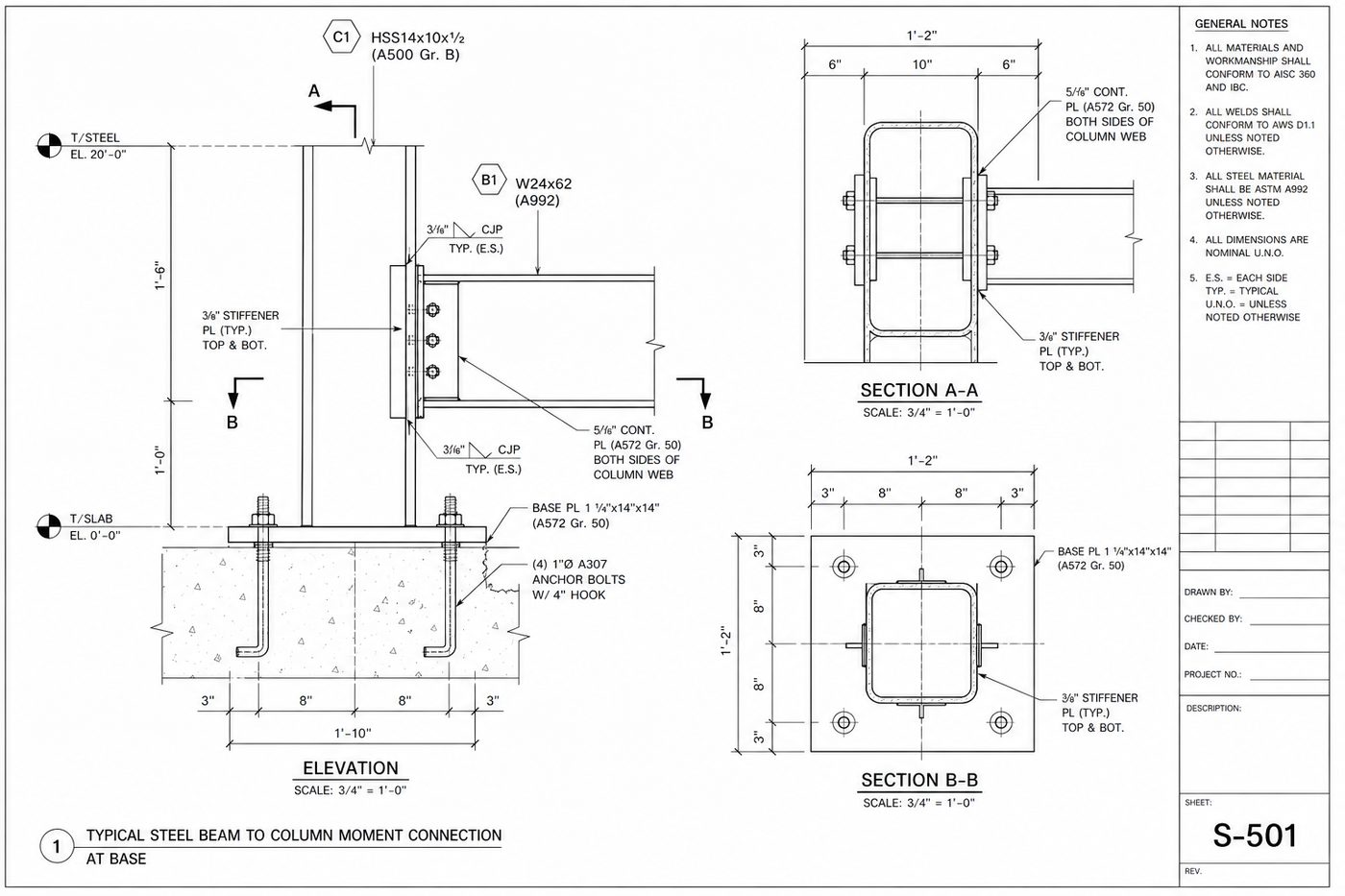 Structural steel beam-to-column moment connection detail drawing